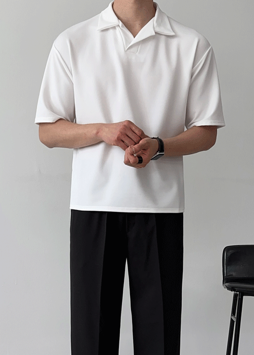 [2타입] 오버핏 미니멀 오픈 카라 반팔 긴팔 티셔츠